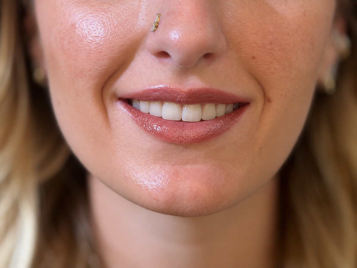 Sourire portant l'huile à lèvres teinte Marron Glacé, brun châtaigne