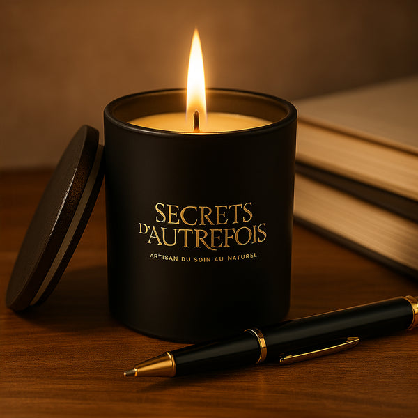 Bougie parfumée Luxe allumée dans son pot noir, couvercle en bois – Secrets d'Autrefois